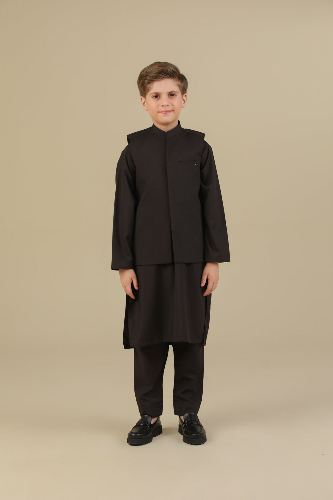 Muraqsh Ready To Wear Solids Cotton Boys Dark Brown Kurta Trouser with Suiting Waistcoat Straight Cut MUR-DBKTW - Summer Collection