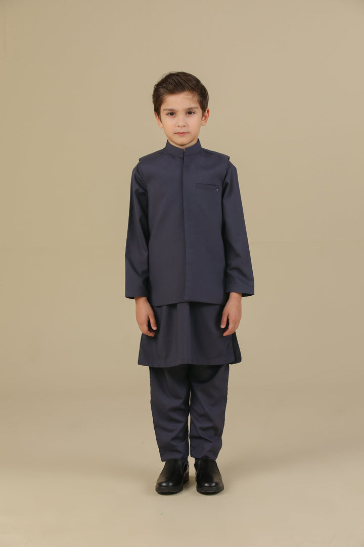 Muraqsh Ready To Wear Solids Cotton Boys Deep Burgundy Kurta Trouser with Blended Waistcoat MUR-PKTWB - Summer Collection