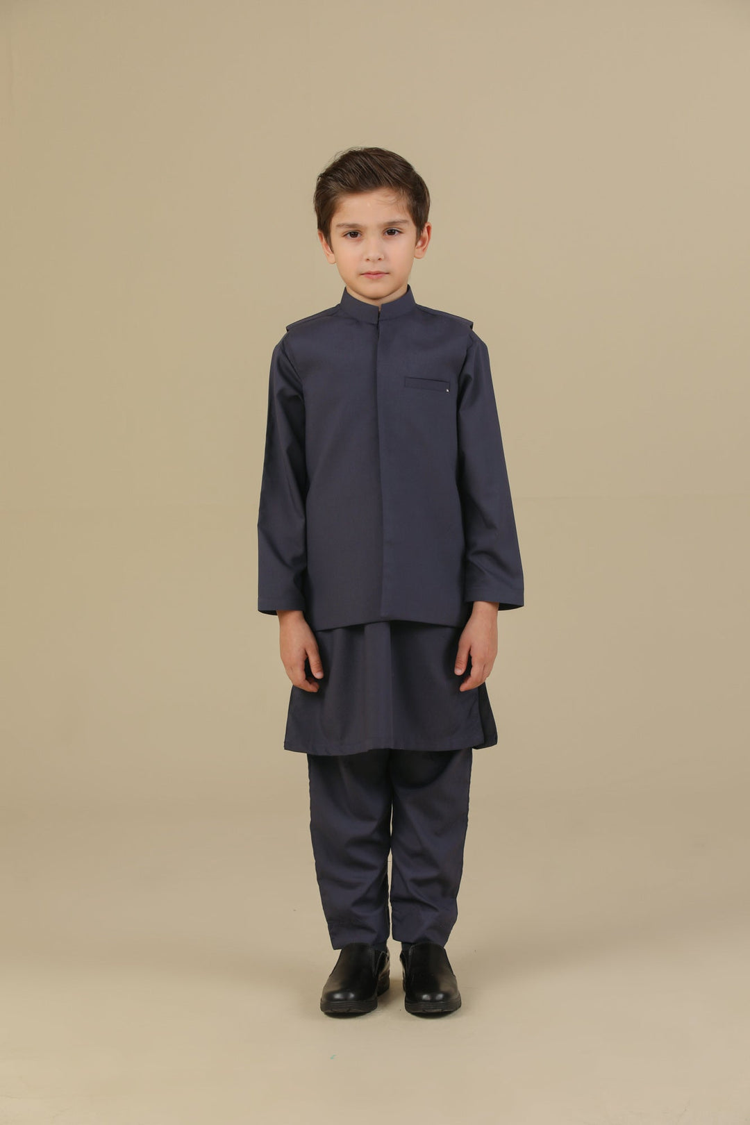 Muraqsh Ready To Wear Solids Cotton Boys Deep Burgundy Kurta Trouser with Blended Waistcoat MUR-PKTWB - Summer Collection
