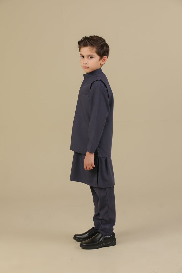 Muraqsh Ready To Wear Solids Cotton Boys Deep Burgundy Kurta Trouser with Blended Waistcoat MUR-PKTWB - Summer Collection