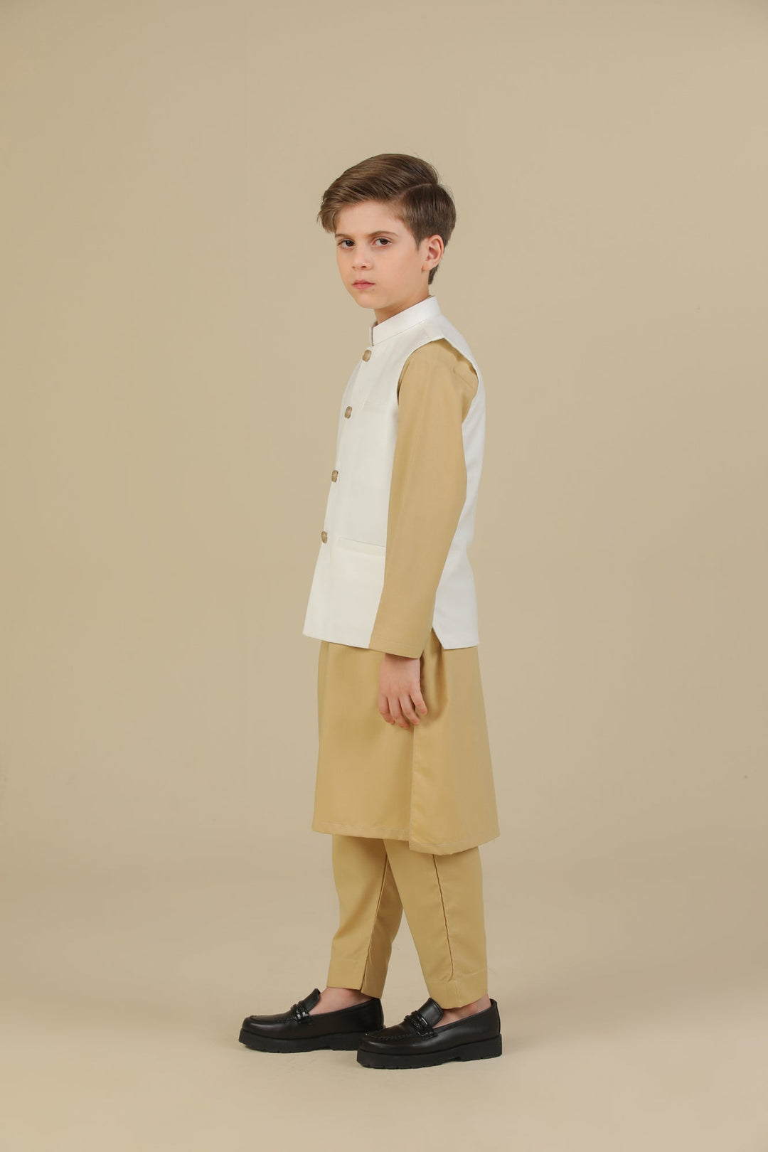Muraqsh Ready To Wear Solids Cotton Boys Ivory Kurta Trouser with Off White Suiting Waistcoat Straight Cut MURBKTW - Summer Collection