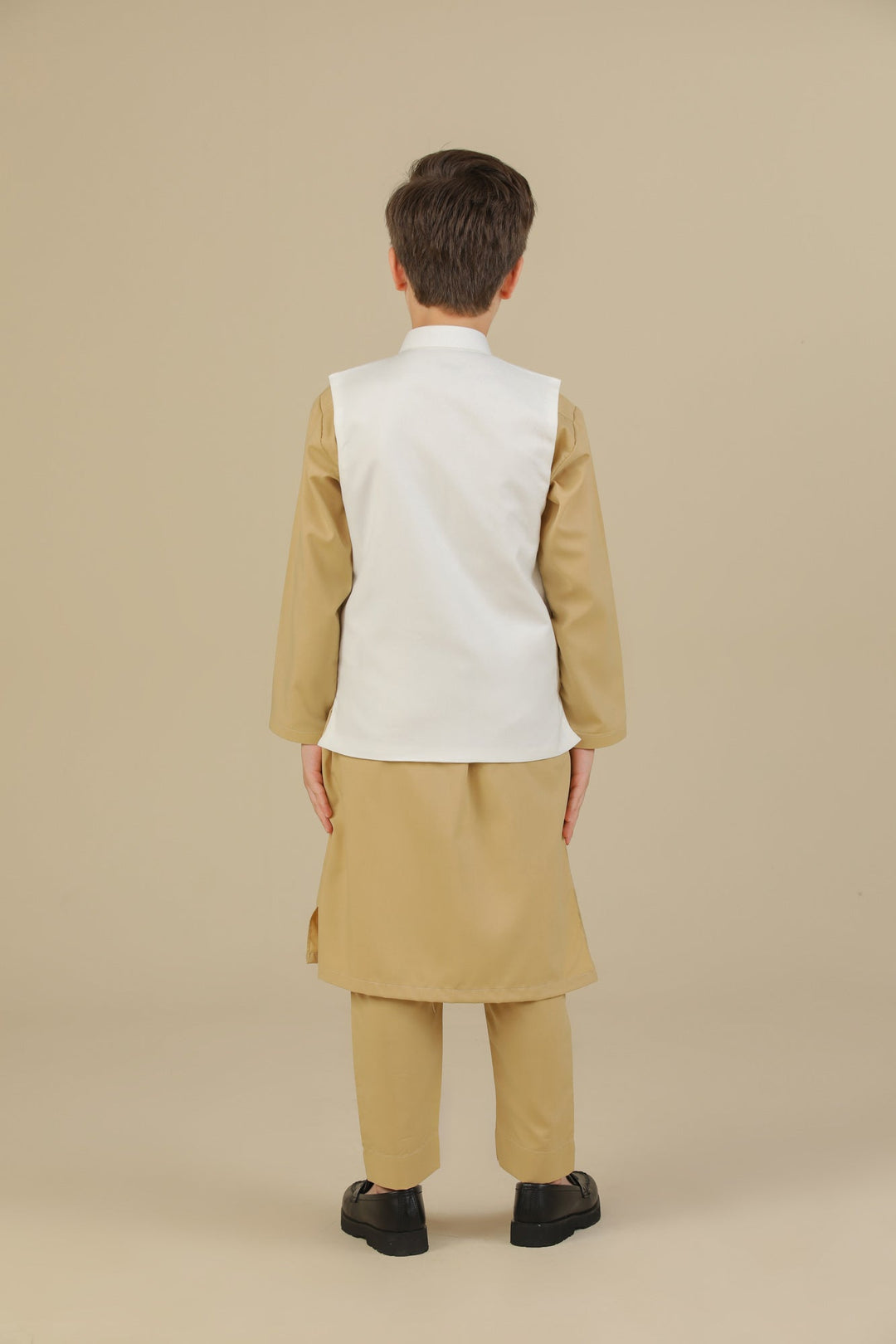 Muraqsh Ready To Wear Solids Cotton Boys Ivory Kurta Trouser with Off White Suiting Waistcoat Straight Cut MURBKTW - Summer Collection