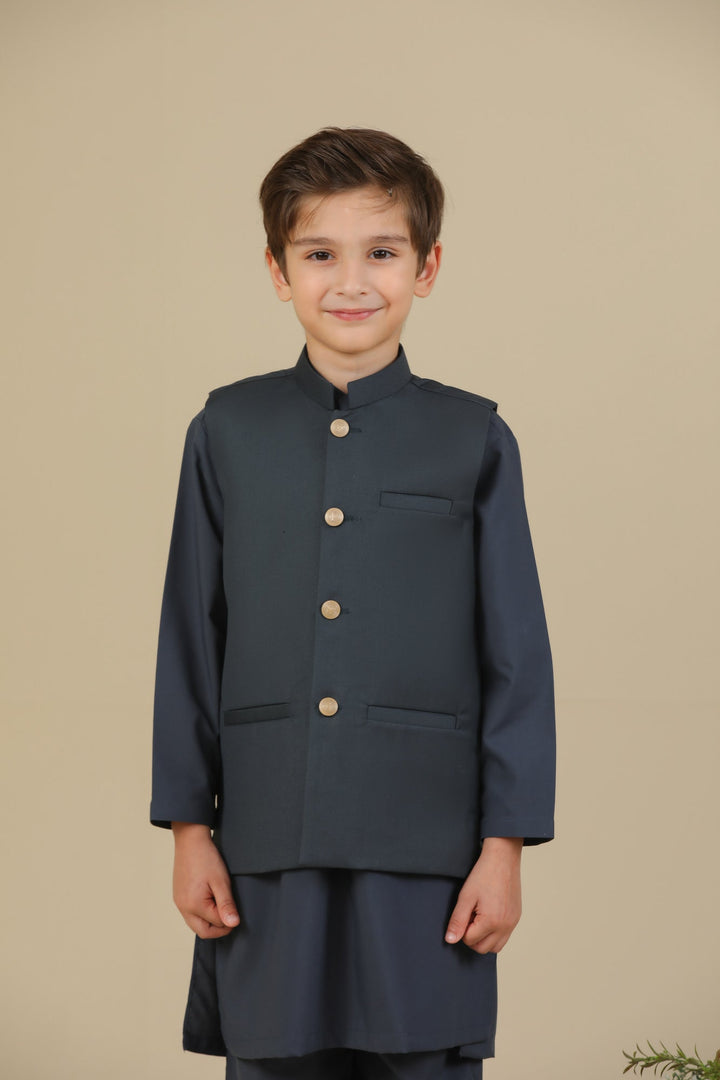 Muraqsh Ready To Wear Solids Cotton Boys Charcoal Grey Kurta Trouser with Suiting Waistcoat Straight Cut MUR-CGKTW - Summer Collection