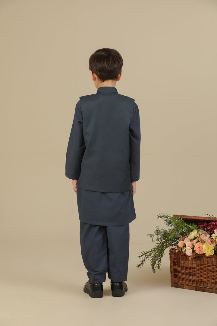 Muraqsh Ready To Wear Solids Cotton Boys Charcoal Grey Kurta Trouser with Suiting Waistcoat Straight Cut MUR-CGKTW - Summer Collection