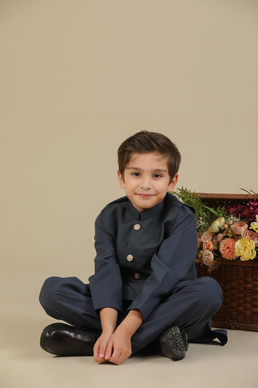Muraqsh Ready To Wear Solids Cotton Boys Charcoal Grey Kurta Trouser with Suiting Waistcoat Straight Cut MUR-CGKTW - Summer Collection