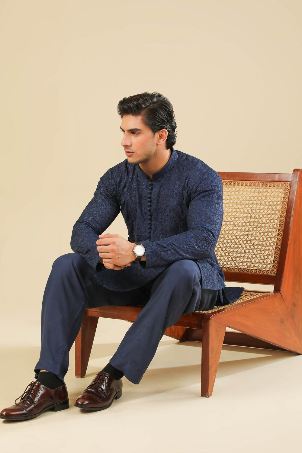 Muraqsh Ready To Wear Embroidered Silk Men Feroz Dark Blue Kurta Trouser MUR-F-DBR - Winter Collection