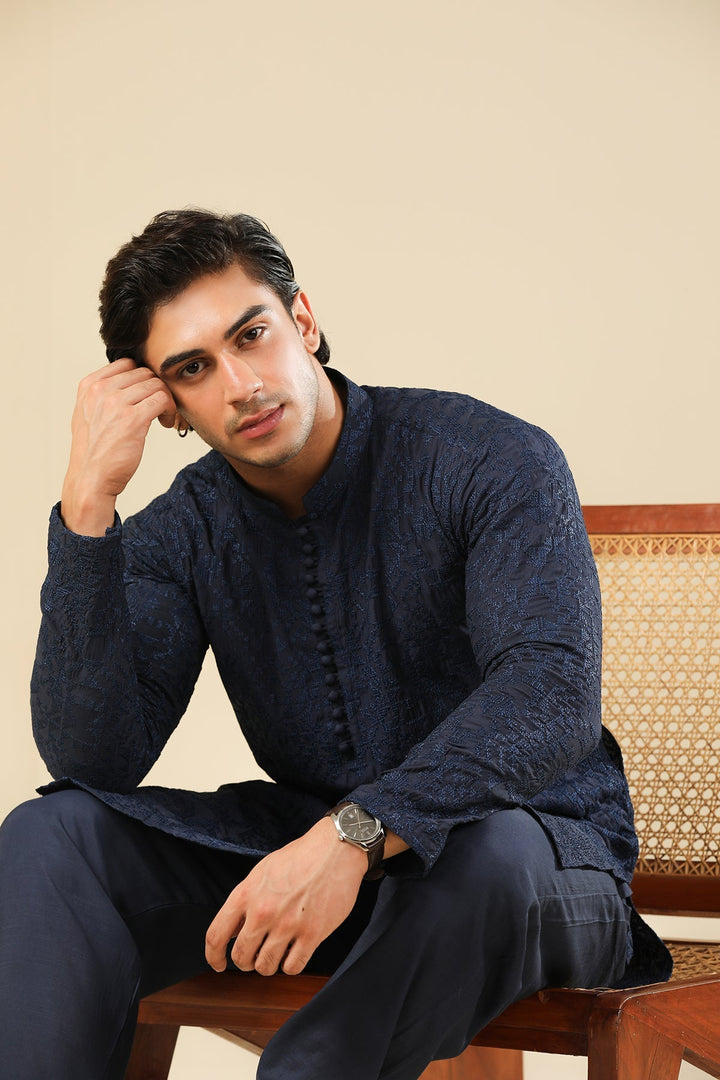 Muraqsh Ready To Wear Embroidered Silk Men Feroz Dark Blue Kurta Trouser MUR-F-DBR - Winter Collection