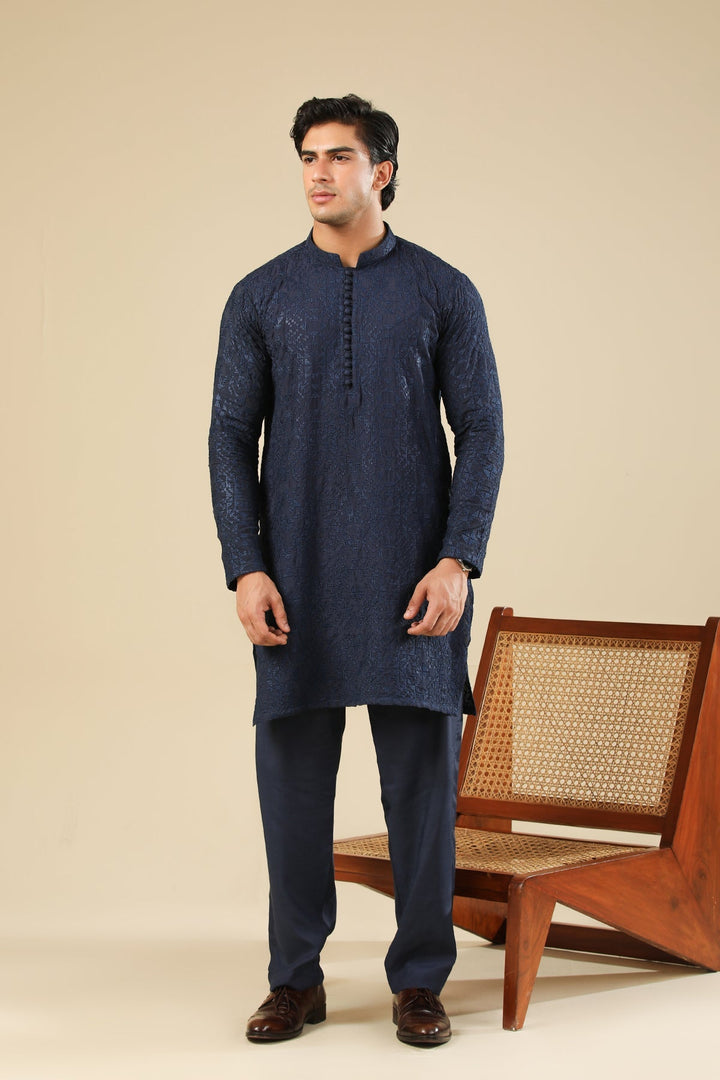 Muraqsh Ready To Wear Embroidered Silk Men Feroz Dark Blue Kurta Trouser MUR-F-DBR - Winter Collection
