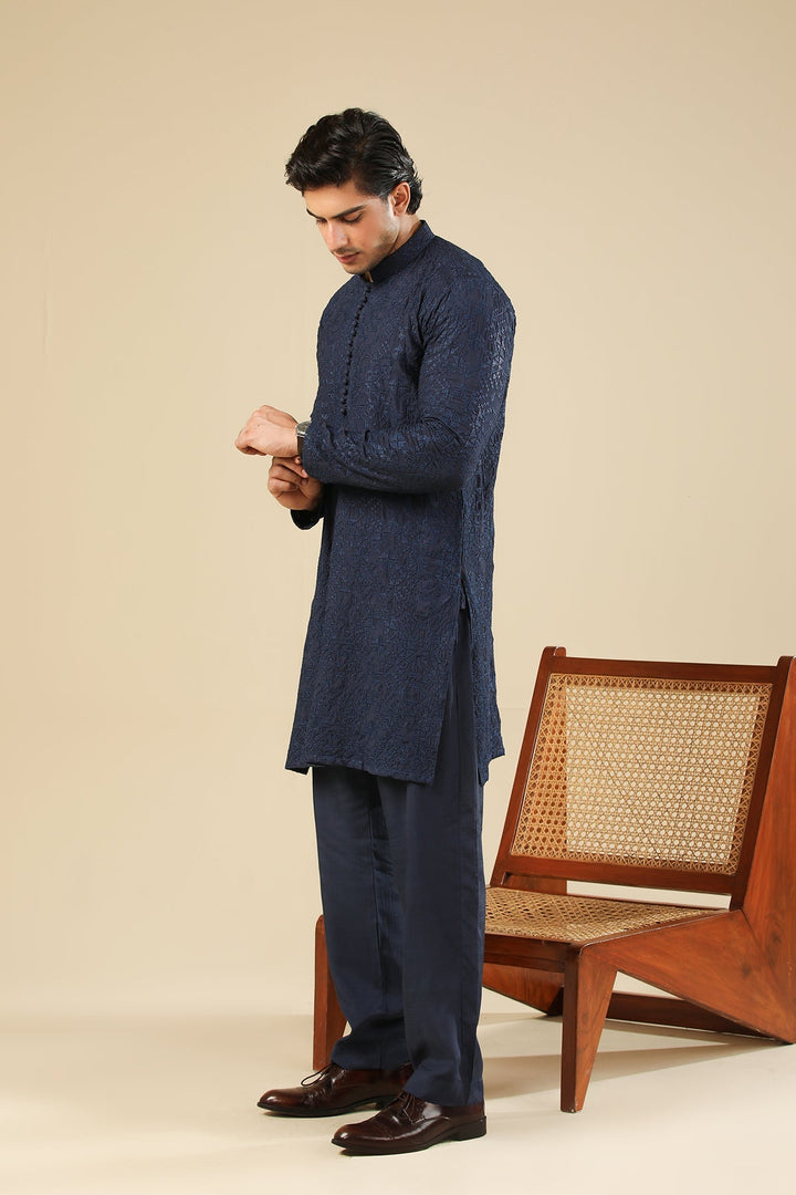 Muraqsh Ready To Wear Embroidered Silk Men Feroz Dark Blue Kurta Trouser MUR-F-DBR - Winter Collection