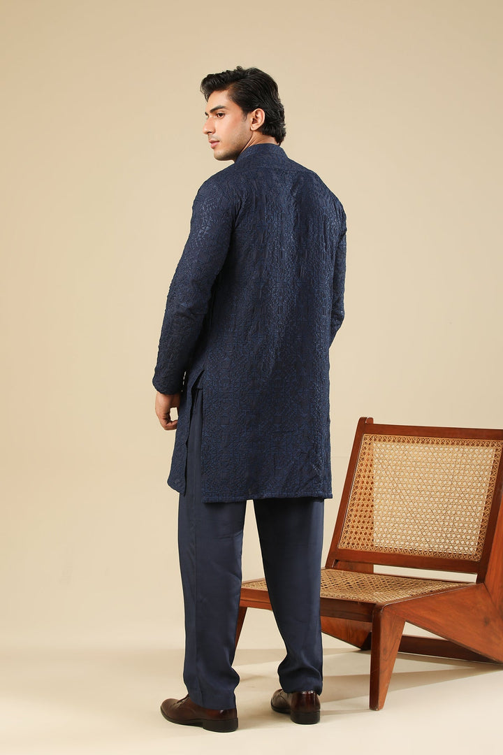Muraqsh Ready To Wear Embroidered Silk Men Feroz Dark Blue Kurta Trouser MUR-F-DBR - Winter Collection