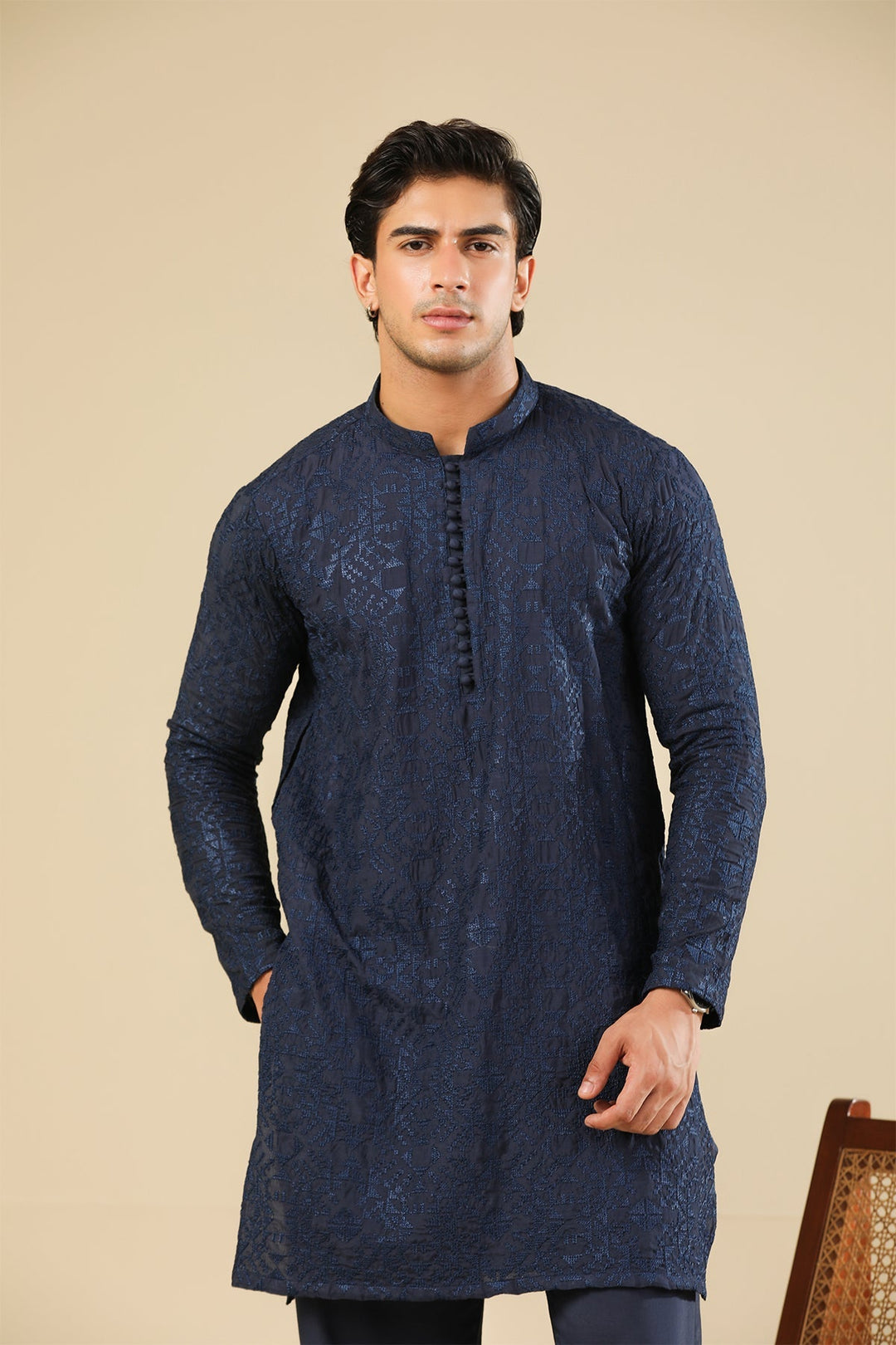 Muraqsh Ready To Wear Embroidered Silk Men Feroz Dark Blue Kurta Trouser MUR-F-DBR - Winter Collection