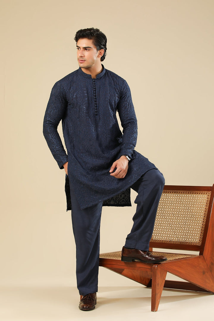 Muraqsh Ready To Wear Embroidered Silk Men Feroz Dark Blue Kurta Trouser MUR-F-DBR - Winter Collection