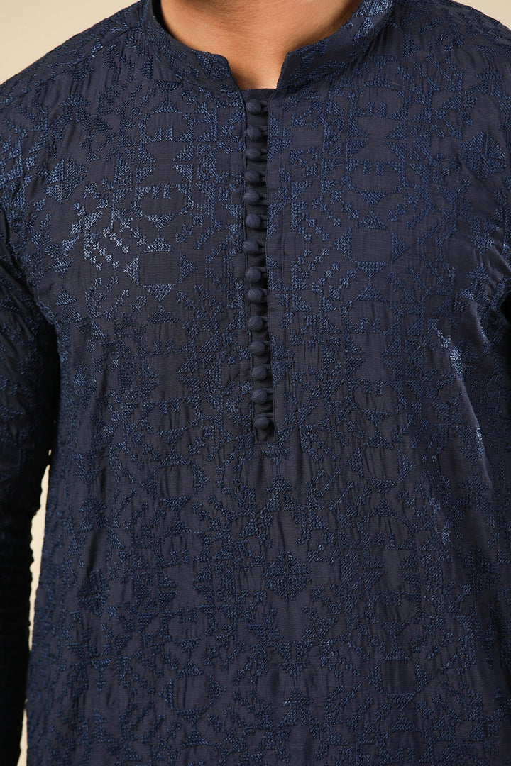 Muraqsh Ready To Wear Embroidered Silk Men Feroz Dark Blue Kurta Trouser MUR-F-DBR - Winter Collection