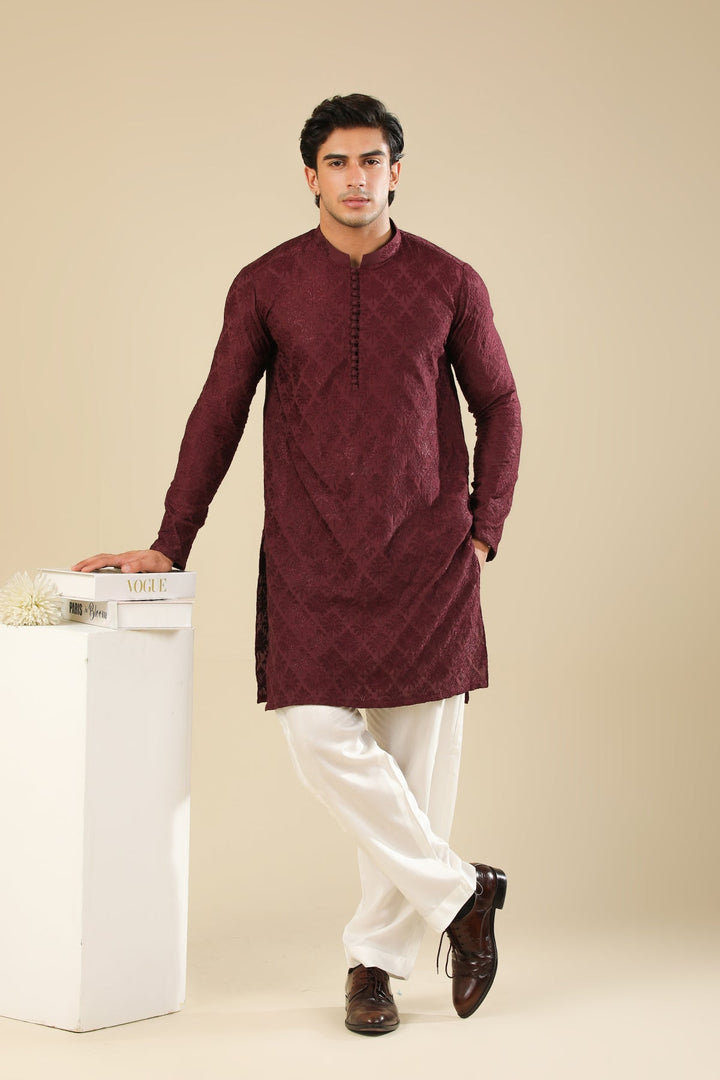 Muraqsh Ready To Wear Embroidered Silk Men Miras Maroon Kurta Trouser MURRS - Winter Collection