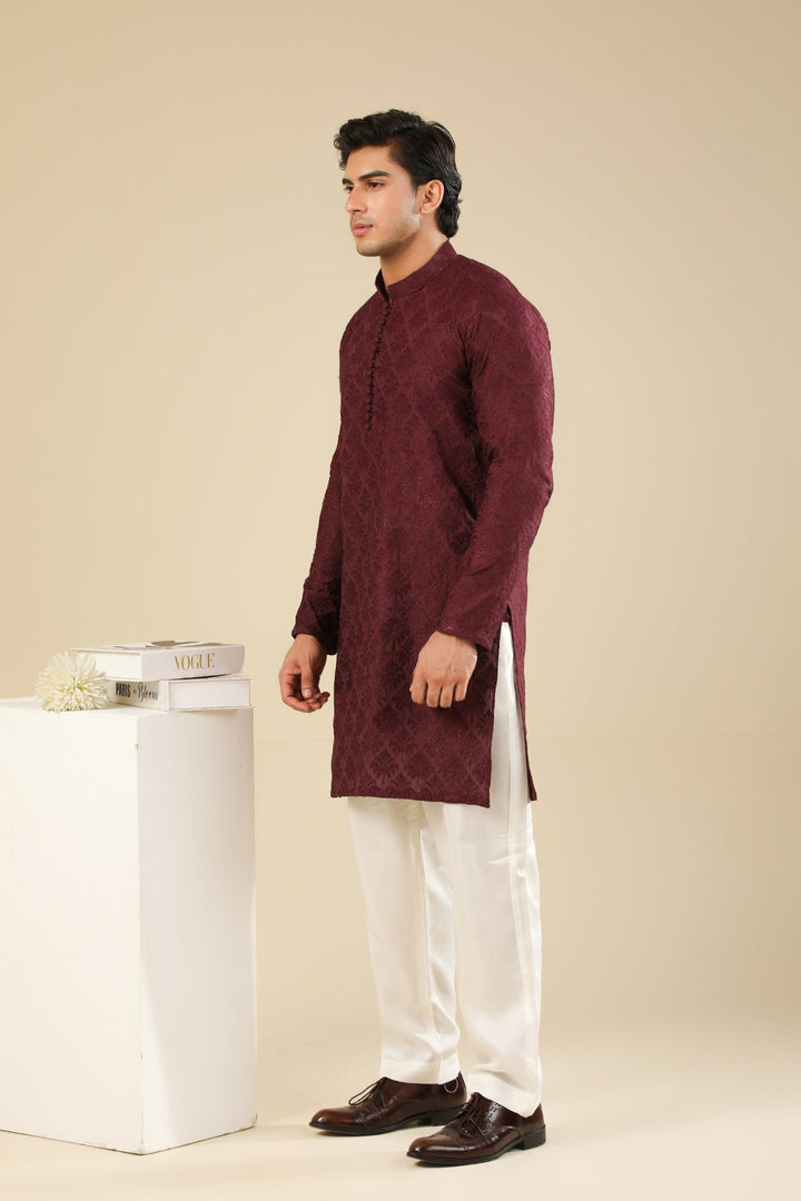Muraqsh Ready To Wear Embroidered Silk Men Miras Maroon Kurta Trouser MURRS - Winter Collection