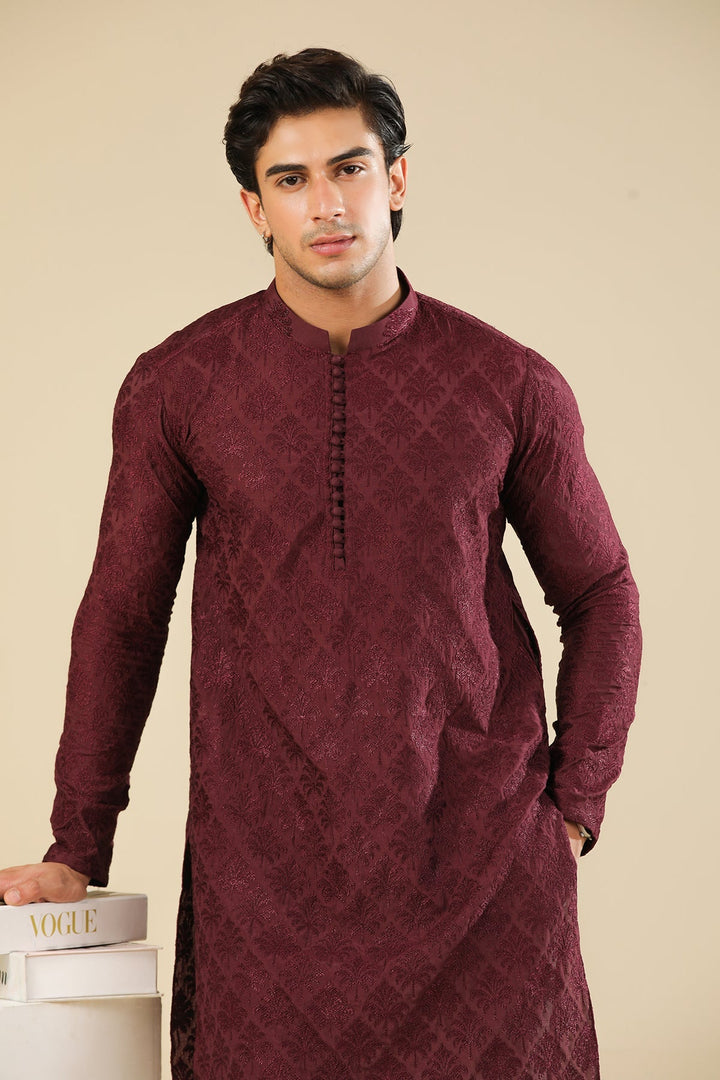 Muraqsh Ready To Wear Embroidered Silk Men Miras Maroon Kurta Trouser MURRS - Winter Collection