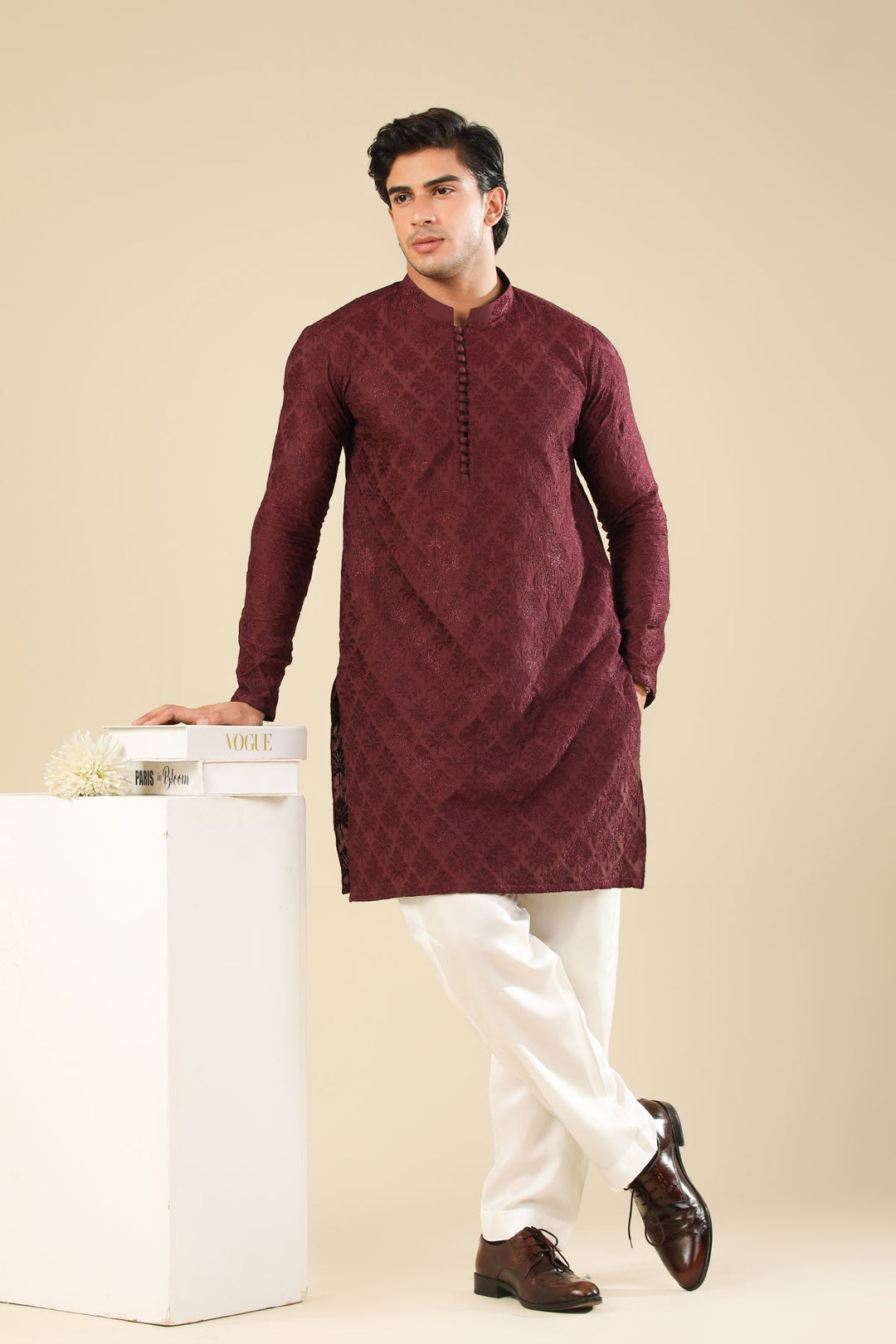 Muraqsh Ready To Wear Embroidered Silk Men Miras Maroon Kurta Trouser MURRS - Winter Collection