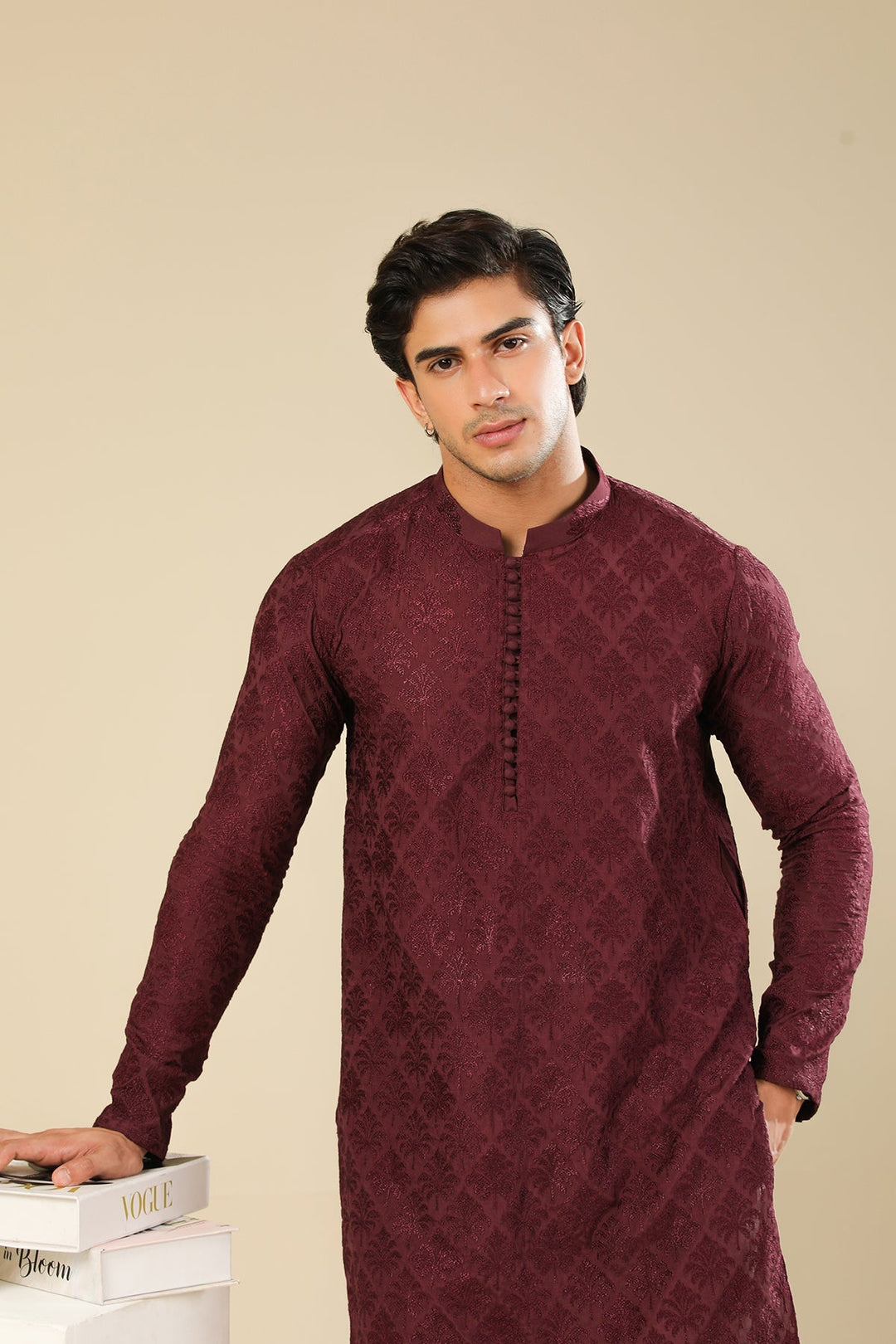 Muraqsh Ready To Wear Embroidered Silk Men Miras Maroon Kurta Trouser MURRS - Winter Collection