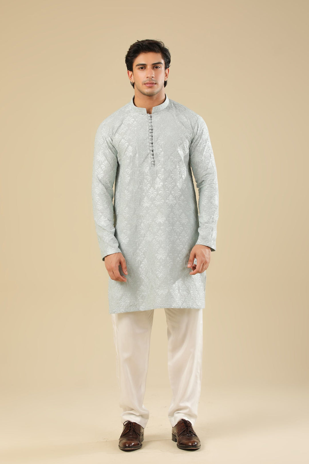 Muraqsh Ready To Wear Embroidered Silk Men Abroo Ice Blue Kurta Trouser MUR-A-IBR - Winter Collection