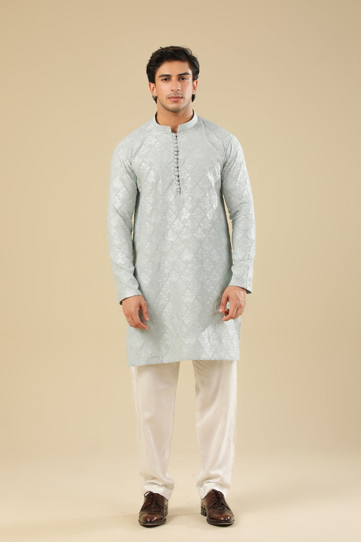 Muraqsh Ready To Wear Embroidered Silk Men Abroo Ice Blue Kurta Trouser MUR-A-IBR - Winter Collection