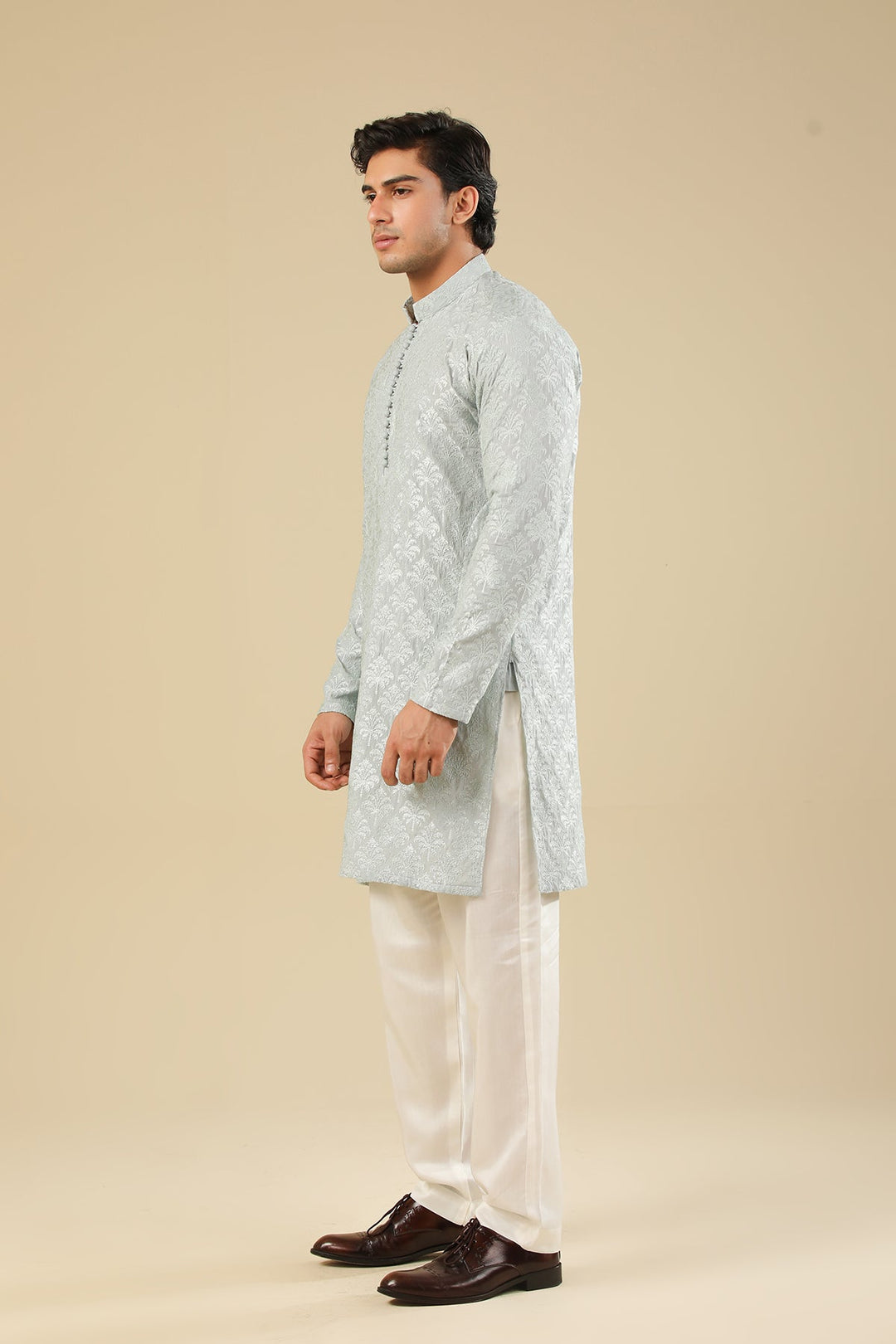 Muraqsh Ready To Wear Embroidered Silk Men Abroo Ice Blue Kurta Trouser MUR-A-IBR - Winter Collection