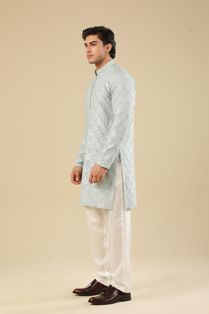 Muraqsh Ready To Wear Embroidered Silk Men Abroo Ice Blue Kurta Trouser MUR-A-IBR - Winter Collection