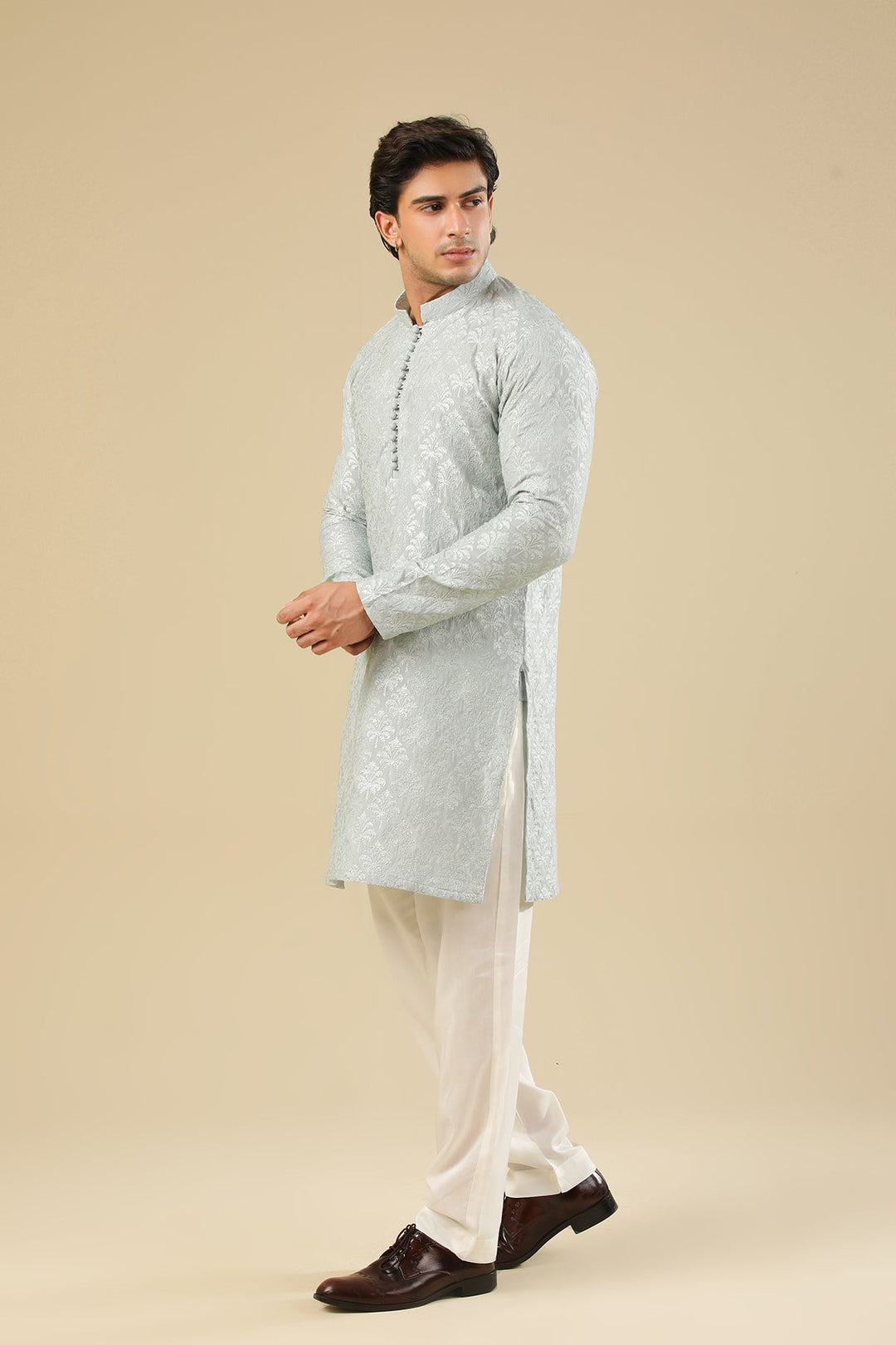 Muraqsh Ready To Wear Embroidered Silk Men Abroo Ice Blue Kurta Trouser MUR-A-IBR - Winter Collection