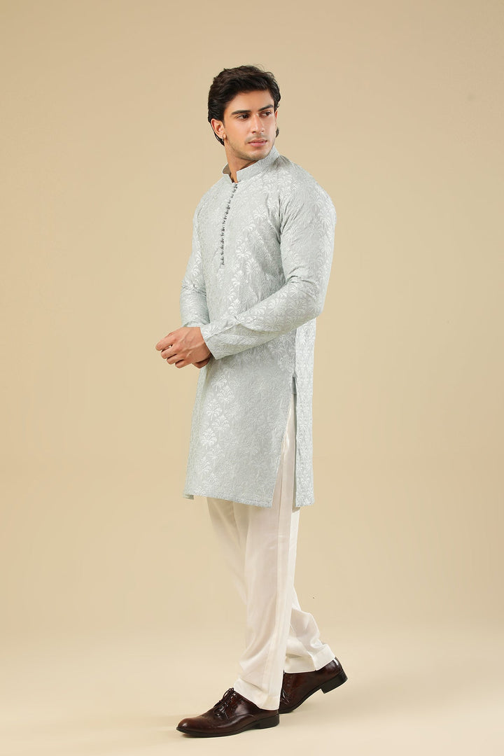 Muraqsh Ready To Wear Embroidered Silk Men Abroo Ice Blue Kurta Trouser MUR-A-IBR - Winter Collection