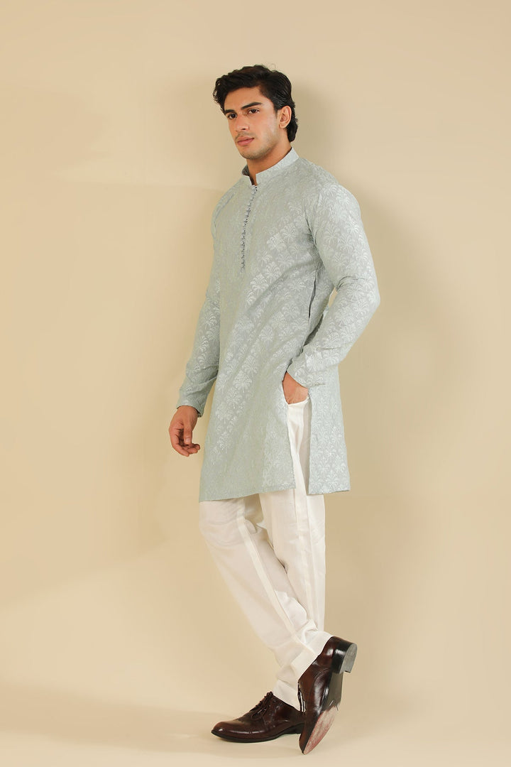 Muraqsh Ready To Wear Embroidered Silk Men Abroo Ice Blue Kurta Trouser MUR-A-IBR - Winter Collection
