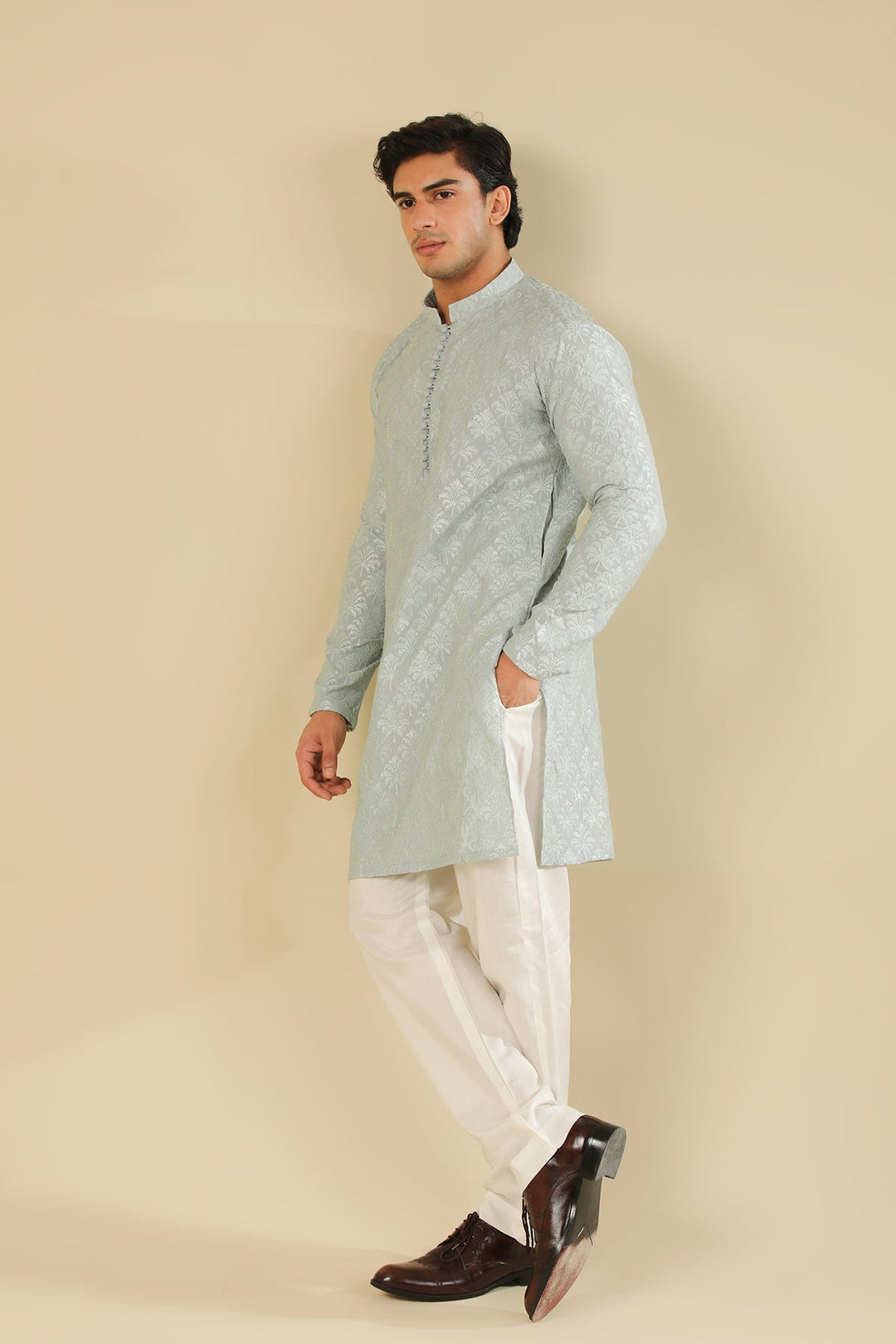 Muraqsh Ready To Wear Embroidered Silk Men Abroo Ice Blue Kurta Trouser MUR-A-IBR - Winter Collection