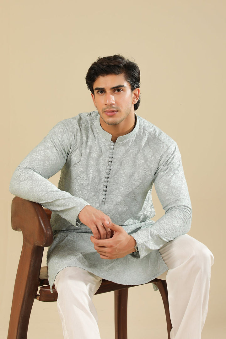 Muraqsh Ready To Wear Embroidered Silk Men Abroo Ice Blue Kurta Trouser MUR-A-IBR - Winter Collection