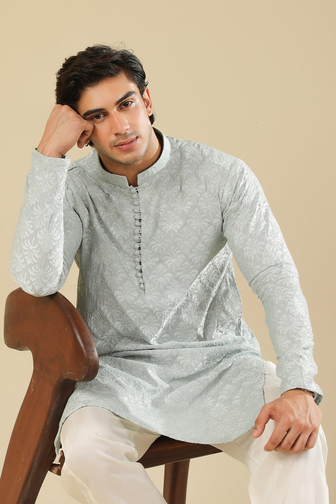 Muraqsh Ready To Wear Embroidered Silk Men Abroo Ice Blue Kurta Trouser MUR-A-IBR - Winter Collection