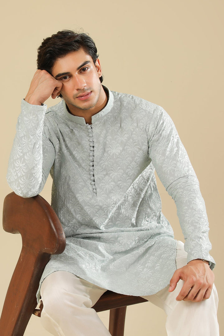 Muraqsh Ready To Wear Embroidered Silk Men Abroo Ice Blue Kurta Trouser MUR-A-IBR - Winter Collection