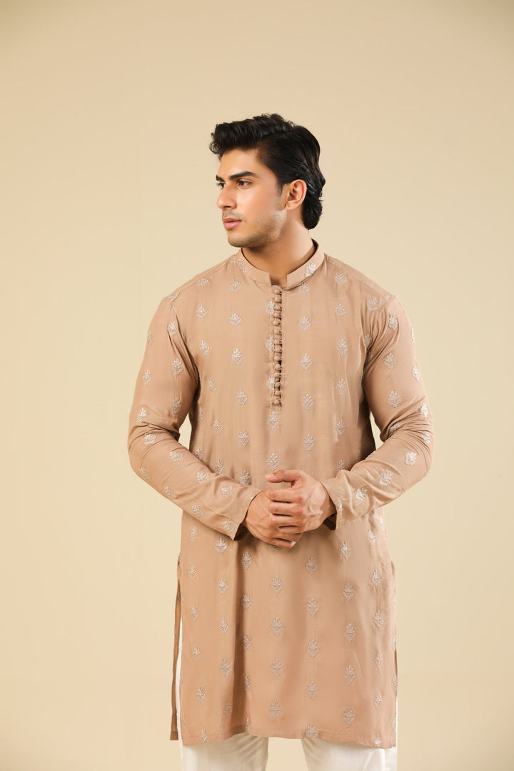 Muraqsh Ready To Wear Embroidered Silk Men Mehrab Sandstone Kurta Trouser MURRS - Winter Collection