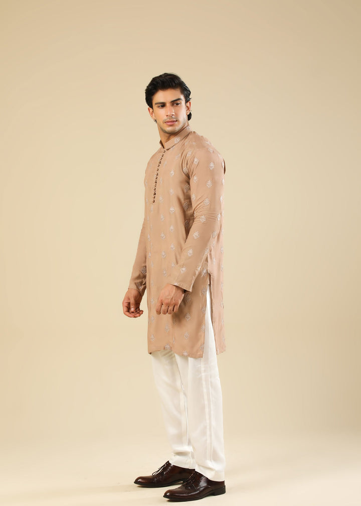 Muraqsh Ready To Wear Embroidered Silk Men Mehrab Sandstone Kurta Trouser MURRS - Winter Collection