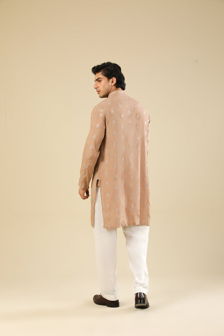 Muraqsh Ready To Wear Embroidered Silk Men Mehrab Sandstone Kurta Trouser MURRS - Winter Collection