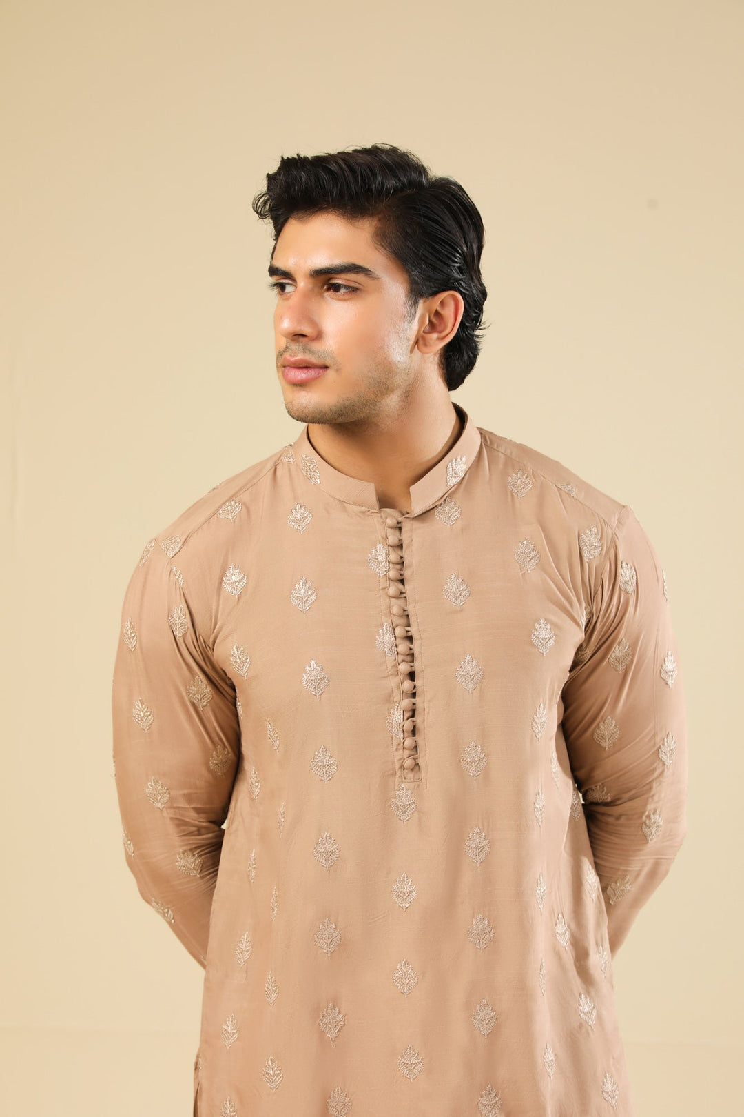 Muraqsh Ready To Wear Embroidered Silk Men Mehrab Sandstone Kurta Trouser MURRS - Winter Collection