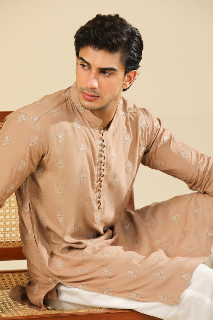 Muraqsh Ready To Wear Embroidered Silk Men Mehrab Sandstone Kurta Trouser MURRS - Winter Collection