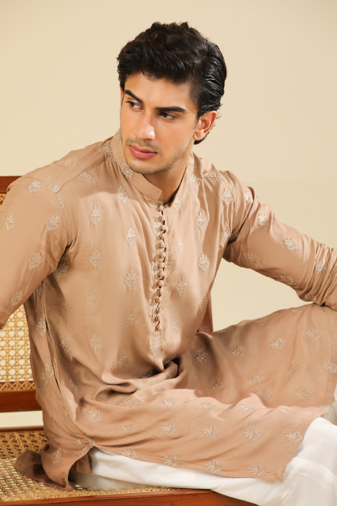 Muraqsh Ready To Wear Embroidered Silk Men Mehrab Sandstone Kurta Trouser MURRS - Winter Collection