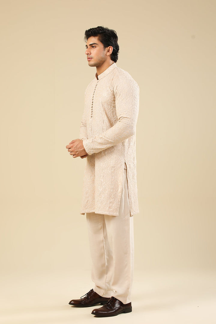 Muraqsh Ready To Wear Embroidered Silk Men Tabir Beige Kurta Trouser MUR-T-BRS - Winter Collection