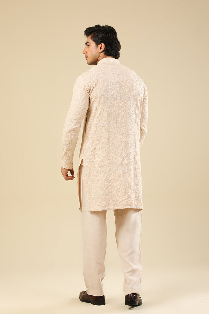 Muraqsh Ready To Wear Embroidered Silk Men Tabir Beige Kurta Trouser MUR-T-BRS - Winter Collection