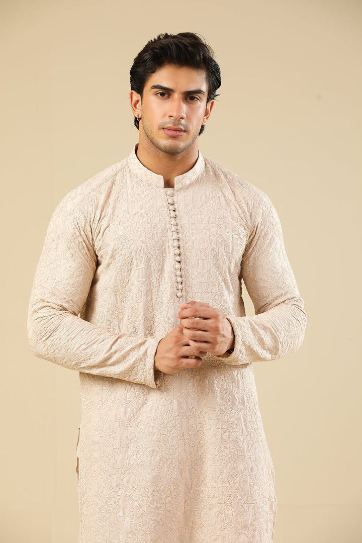 Muraqsh Ready To Wear Embroidered Silk Men Tabir Beige Kurta Trouser MUR-T-BRS - Winter Collection
