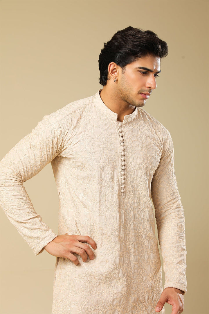 Muraqsh Ready To Wear Embroidered Silk Men Tabir Beige Kurta Trouser MUR-T-BRS - Winter Collection