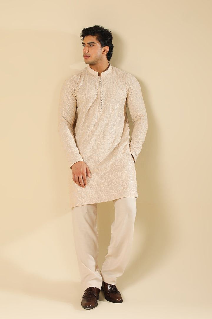 Muraqsh Ready To Wear Embroidered Silk Men Tabir Beige Kurta Trouser MUR-T-BRS - Winter Collection