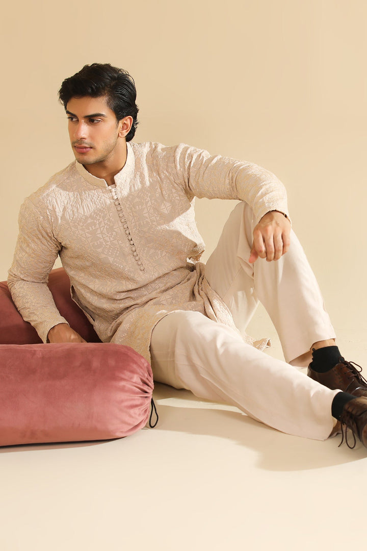 Muraqsh Ready To Wear Embroidered Silk Men Tabir Beige Kurta Trouser MUR-T-BRS - Winter Collection