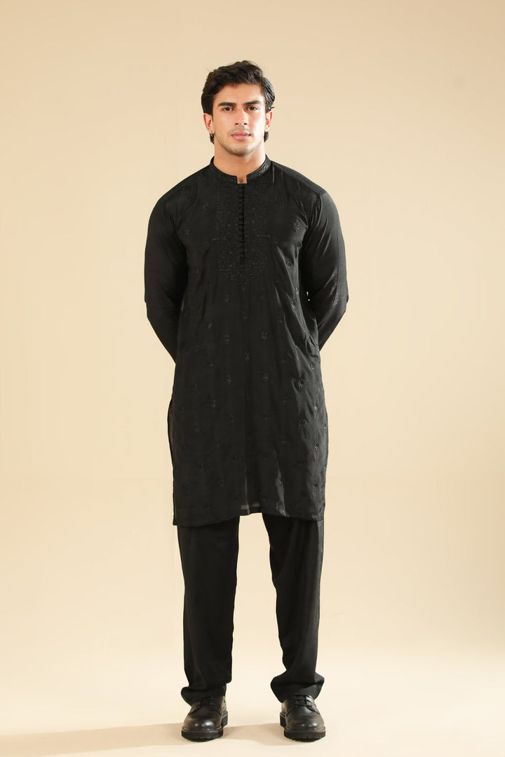 Muraqsh Ready To Wear Embroidered Silk Men Adab Black Motif Kurta Trouser MUR-A-BMR - Winter Collection