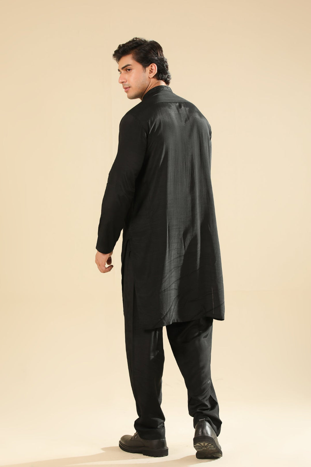 Muraqsh Ready To Wear Embroidered Silk Men Adab Black Motif Kurta Trouser MUR-A-BMR - Winter Collection