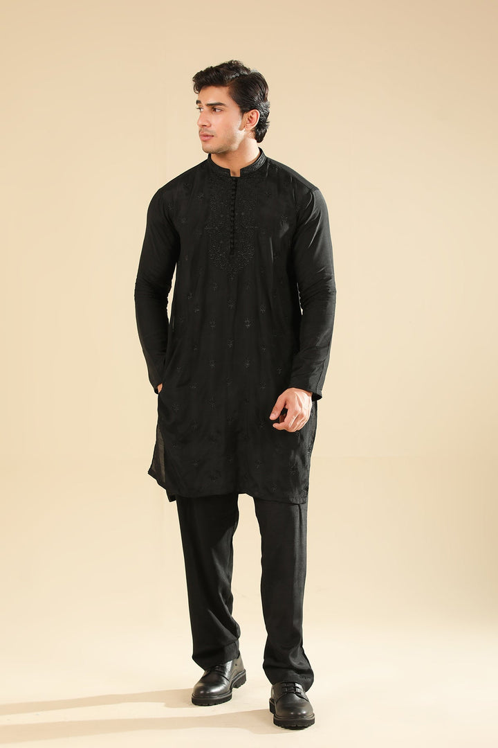 Muraqsh Ready To Wear Embroidered Silk Men Adab Black Motif Kurta Trouser MUR-A-BMR - Winter Collection