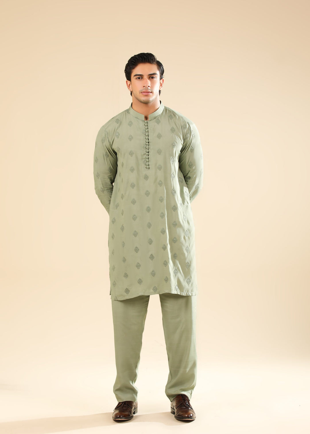 Muraqsh Ready To Wear Embroidered Silk Men Bahaar Mint Kurta Trouser MUR-B-GRS - Winter Collection
