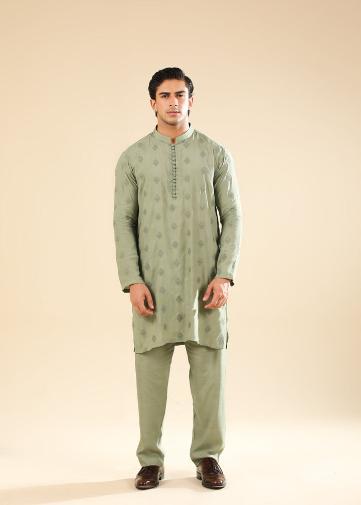Muraqsh Ready To Wear Embroidered Silk Men Bahaar Mint Kurta Trouser MUR-B-GRS - Winter Collection